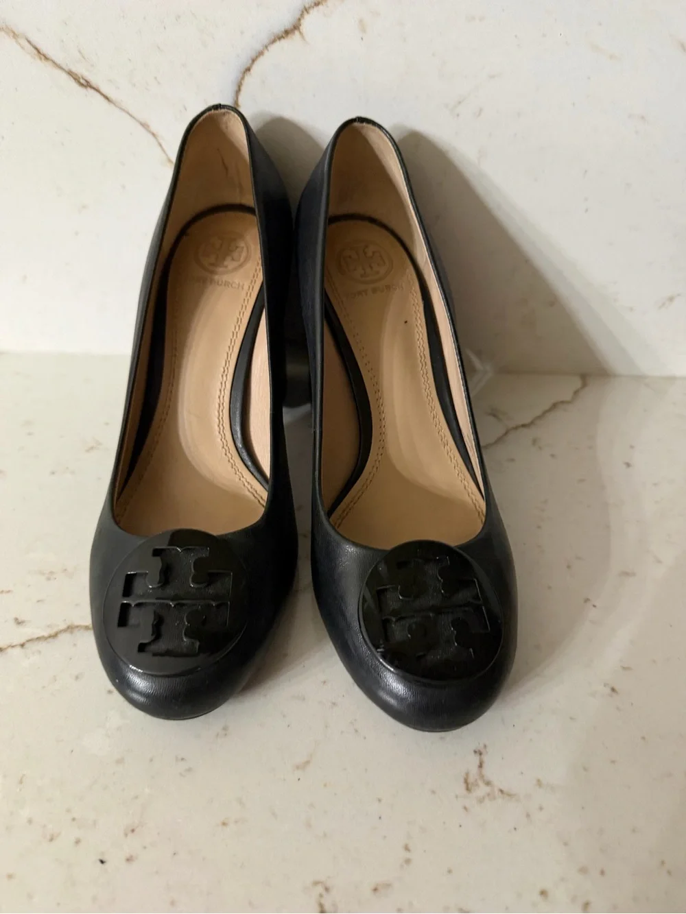 Tory Burch Black Leather Logo Round-Toe Heels